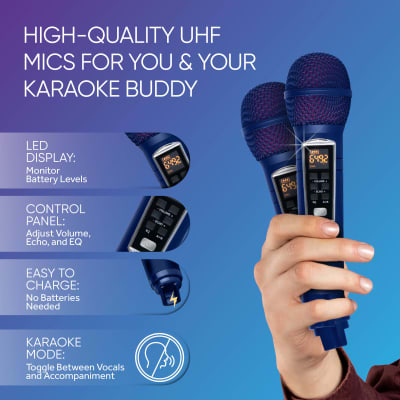 MASINGO Karaoke Machine for Adults and Kids with 2 UHF Wireless Microphones, Portable Bluetooth Singing Speaker, Colorful LED Lights, PA System, Lyrics Display Holder & TV Cable - Presto G2 Blue image 4