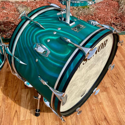 1960s Sonor Teardrop Drum Set Multi-Brilliant Turquoise Satin Flame Blue/Green 20/12/16/5x14 image 9