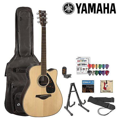 Yamaha FGX730SC Acoustic Electric Guitar Kit with Gig Bag Strings Strap Stand Tuner Instructional DVD Pick Sampler
