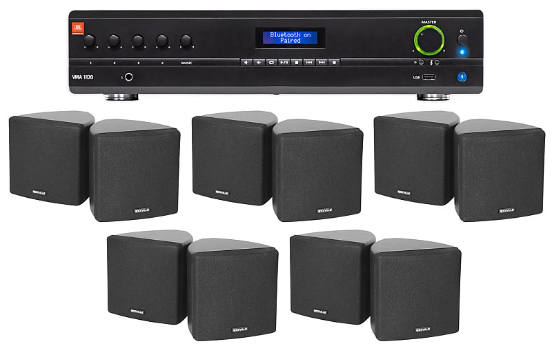 JBL Commercial Amplifier+(10) 3.5&quot; Black Cube Speakers for Restaurant/Bar/Cafe  			