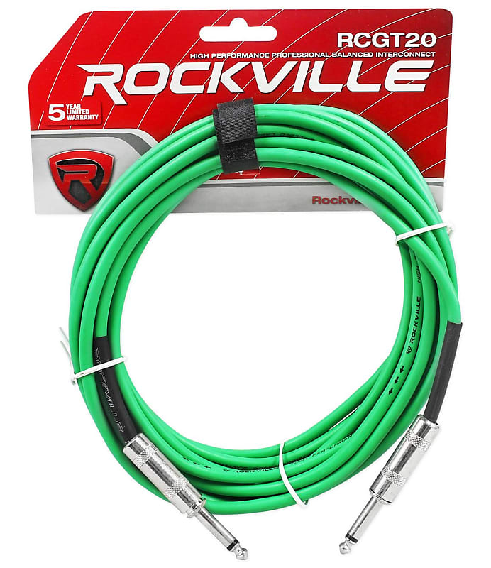 Rockville RCGT20G 20&#039; 1/4&#039;&#039; TS to 1/4&#039;&#039; TS Guitar/Unbalanced Signal Cable-Green  			