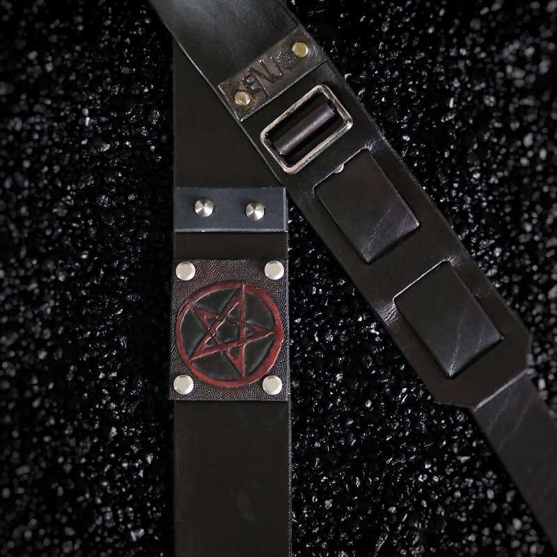 Handmade Leather Guitar Strap. Custom Pentagram Patch. 55” To 62”  Adjustable. BLACK