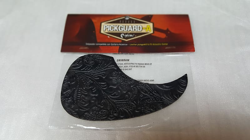 Leather Pickguard for Acoustic Guitars, Floral design, Black finish image 1