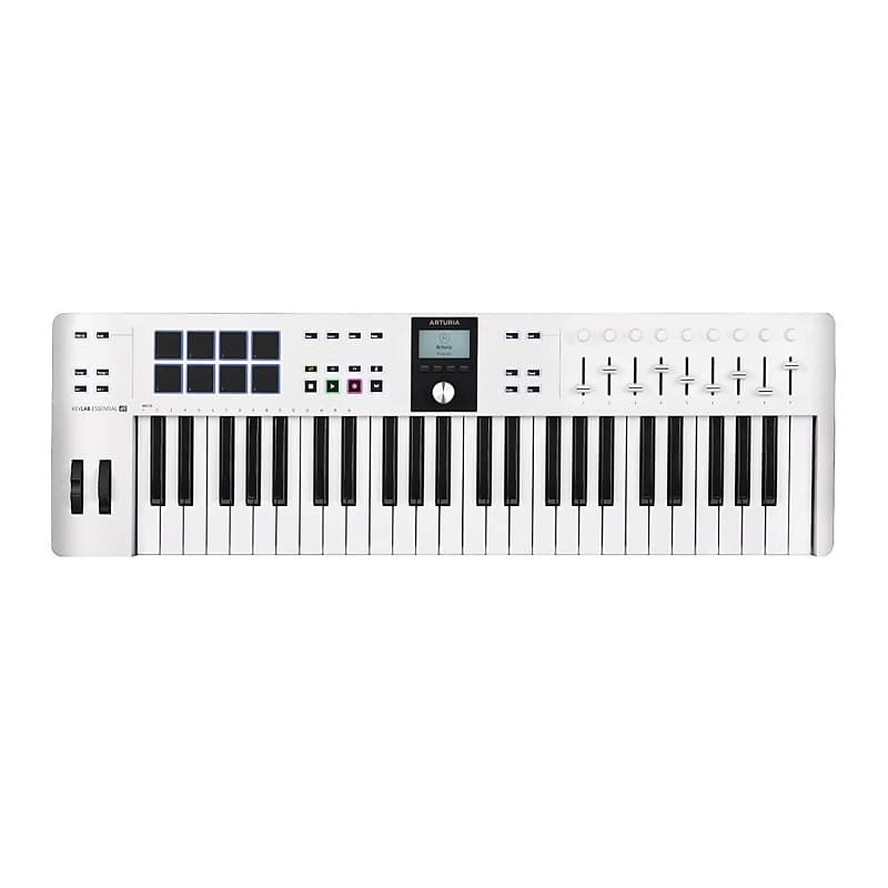 Arturia KeyLab Essential 49 mk3 MIDI Keyboard Controller with Custom DAW  Scripts (White) Bundle with Adjustable Double X Keyboard Stand, Sustain 
