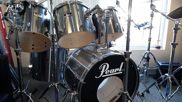 6 Piece Pearl Export Series 1995 Silver Drum Set with 5 Cymbols and Hi Hat image 1