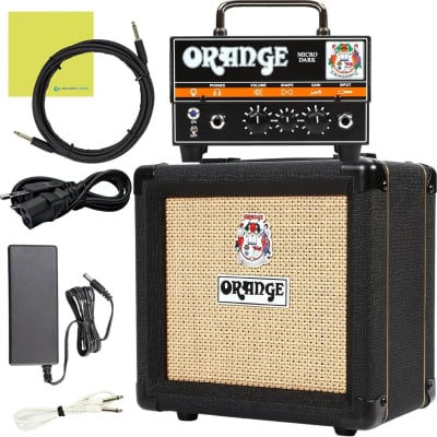 Orange Amp Micro Dark Terror MD20 Hybrid Amp Head Mini Stack Combo Bundle with PPC108 1x8 in Black Speaker Cabinet, Pig Hog Woven Guitar Cable 10ft, Speaker Cable and Liquid Audio Polishing Cloth