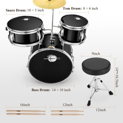 Drum Set 14'' For Kids Beginners,3 Piece With Bass Tom Snare Drum,Adjustable Throne, Cymbal, Pedal & Two Pairs Of Drumsticks, Metallic All Black image 2