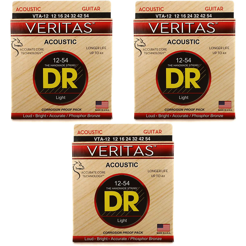 DR Strings VTA 12 Veritas Phosphor Bronze Acoustic Guitar Strings .012 .054 Light 3 pack