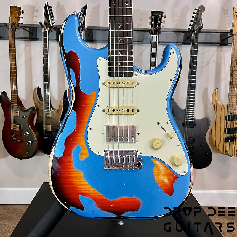 Schecter USA Custom Shop Nick Johnston Traditional Electric Guitar w/ Case-Lake Placid Blue over 3-Tone Sunburst (Heavy Relic) image 1