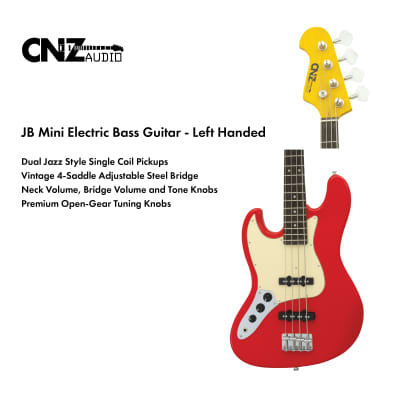 CNZ Audio JB Mini Left Handed Electric Bass Guitar - Maple Neck, Ivory Pickguard, Fiesta Red image 5