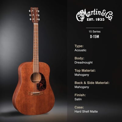 Martin Guitar D-15M with Gig Bag, Acoustic Guitar for the Working Musician, Mahogany Construction, Satin Finish, D-14 Fret, and Low Oval Neck Shape image 5
