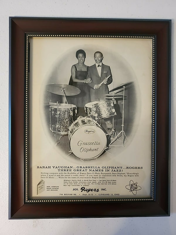 1958 Rogers Drums Promotional Ad Framed Sarah Vaughan, Grasilla Oliphant Original image 1