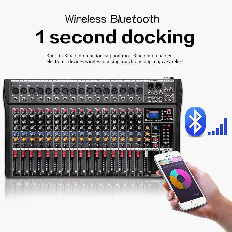 8/12/16 Channel Audio Mixer Sound Mixing Console with Bluetooth USB,PC  Recording Input, XLR Microphone Jack, 48V Power, RCA Input/Output for