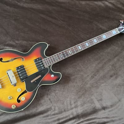 1960s Kent/Hagstrom Semi-Hollow ES-335 Style Short Scale 30" Sunburst Bass Guitar Made in Japan image 1