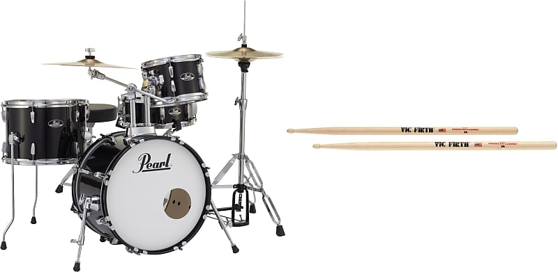 Pearl Roadshow RS584C/C 4-piece Complete Drum Set with Cymbals - Jet Black  Bundle with Vic Firth American Classic Drumsticks - 5A - Wood Tip image 1
