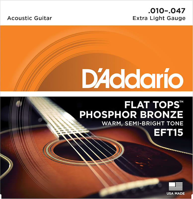 D'Addario EFT15 Flat Top Phosphor Bronze Acoustic Guitar Extra Light Gauge 10-47 Strings