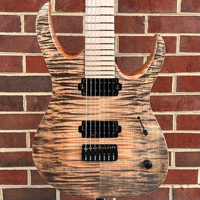 Mayones Duvell Elite 7, Black Feather Gloss, 4A Flame Maple Top, Mahogany Body, Maple Fretboard image 1