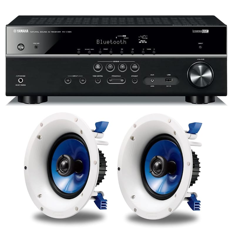 Yamaha Bluetooth Audio & Video Component Receiver Black (RX-V385BL) + Pair of Yamaha NSIC600WH 2-Way 110-Watts RMSSpeaker (White) Bundle