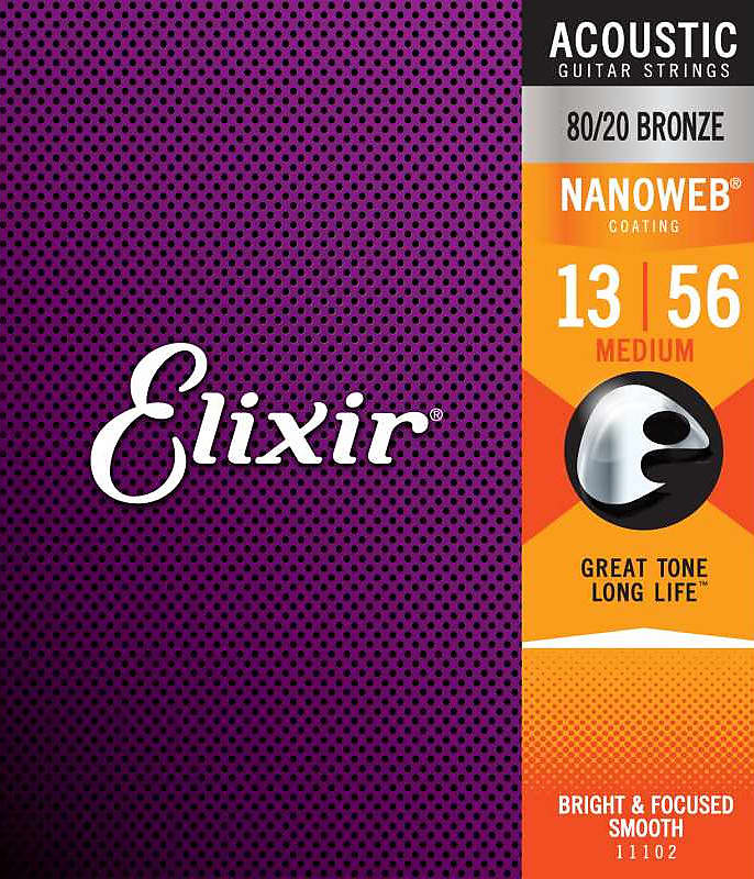 Elixir 11102 Nanoweb 80/20 Bronze Acoustic Guitar Strings - Custom Medium (13-56) image 1