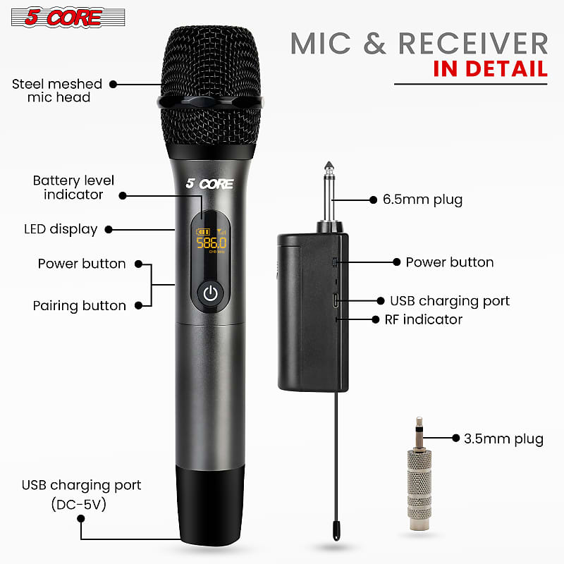 5 Core Wireless Microphones 210ft Range UHF Dual Karaoke Mic