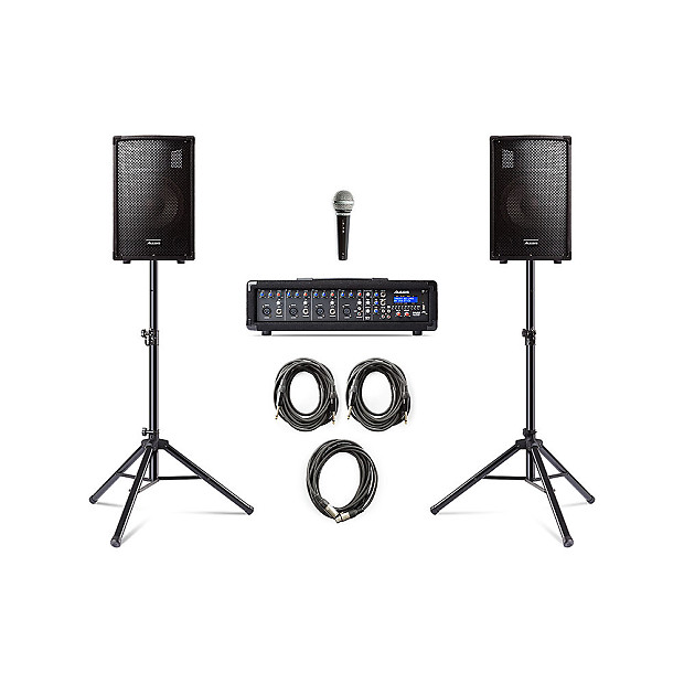Alesis PA System In A Box 4-Channel Mixer with 280w Passive 10" Speakers, Mic, Stands, and Cables image 1