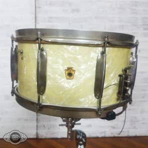 vintage 1940s WFL 7x14 Zephyr lug 3 ply snare drum in White Marine Pearl image 1