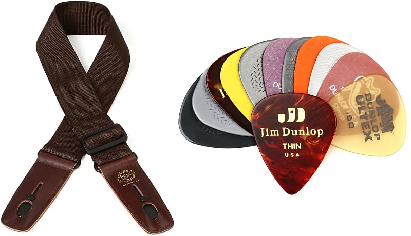 Lock-It Straps Professional Gig Series 2" Brown Poly Strap with Locking Ends + Dunlop PVP101 Guitar Pick Variety Pack - image 1