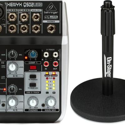 Behringer Xenyx Q502USB Mixer with USB  Bundle with On-Stage Stands DS7200B Adjustable Desktop Microphone Stand image 1
