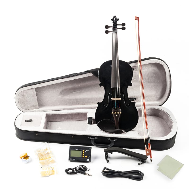 Glarry GV102 4/4 Solid Wood EQ Violin Case Bow Violin Strings Shoulder Rest Electronic Tuner Connecting Wire Cloth 2020s - Black image 1