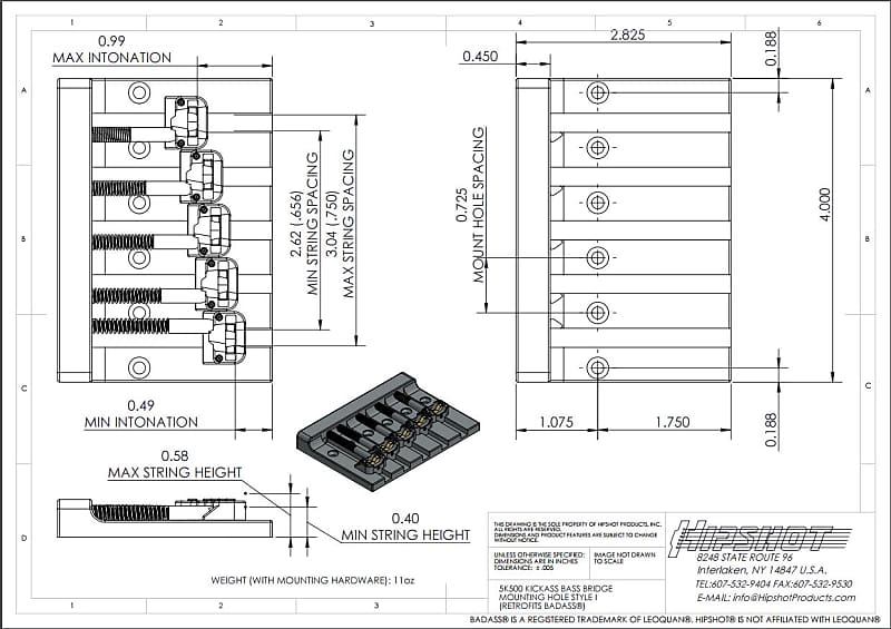 Hipshot KickAss 5 String Bass Bridge Chrome Retrofits BadAss V - 5K501C