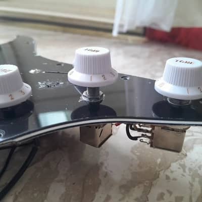 Handmade prewired SSS NEODYMIUM Stacked coils PU's Strat pickguard with HB split on N&B, volume TR BL and mid PU cutoff switch image 6