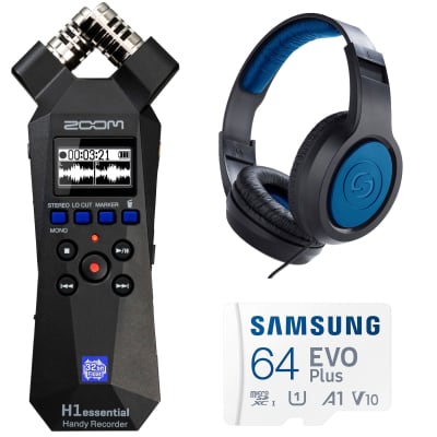 Zoom H1essential 2-Track 32-Bit Float Portable Audio Recorder + Samson SR350 Over-Ear Stereo Headphones (Special Edition Blue) + Samsung 64GB EVO Plus UHS-I microSDXC Memory Card with SD Adapter image 1