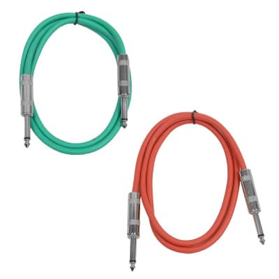 2 Pack of 2 Foot 1/4" TS Patch Cables 2' Extension Cords Jumper - Green & Red image 1