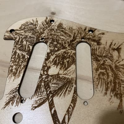 US made palms beach sea satin laser engraved wood pickguard for Stratocaster image 2