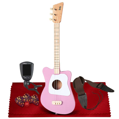 Loog Mini Acoustic Guitar (Pink) Comes Ready to Play with Regular Guitar Strings, 3 Notes, Standard Tuning Great for Riffing, with Lessons, Flashcards Great for Children w/ Basic Accessories Bundle image 1