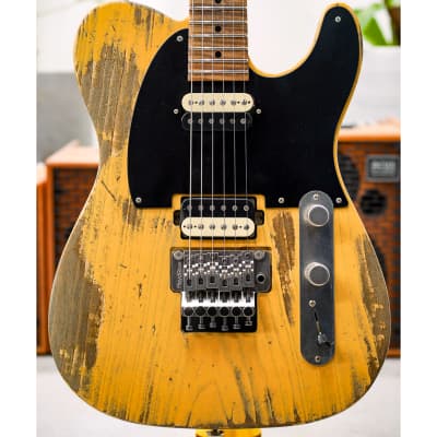 Luxxtone Choppa T Super Heavy Aging HH-Butterscotch Yellow w/Reverse Headstock, Floyd Rose Bridge & Master Grade Roasted Flame Maple Neck for sale