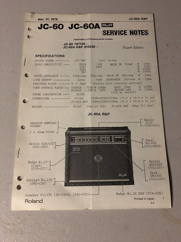Roland JC60/JC60A Jazz Chorus Service Notes 1979 Reverb