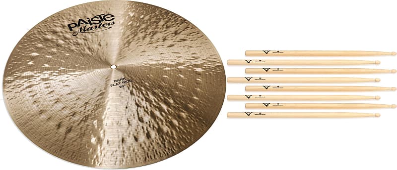 Paiste Masters Dark Flat Ride - 20-inch Bundle with Vater Hickory  Drumsticks 4-pack - 5B - Wood Tip