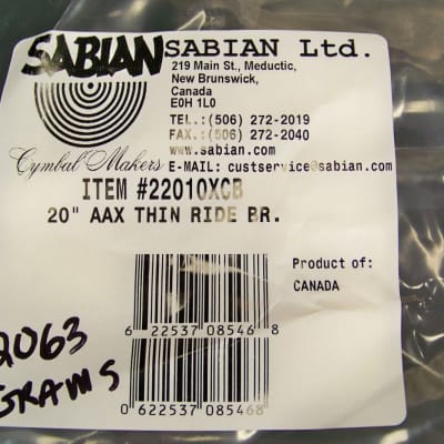 Sabian AAX 20" Thin Ride Cymbal/Brillant Finish/Model # 22010XCB/1958 Grams image 6