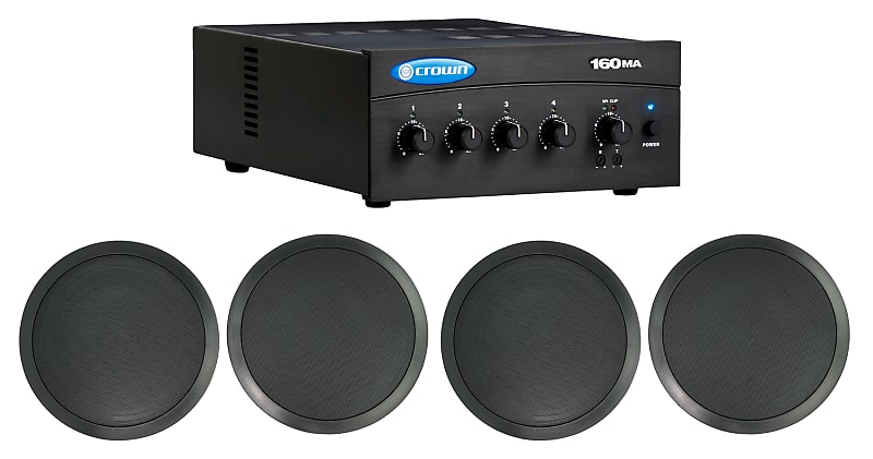 Crown 70v Amplifier+(4) Black 8&quot; Commercial Ceiling Speakers 4 Restaurant/Office  			