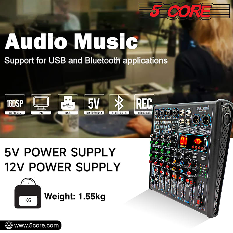 5 Core U4 Portable Mini Mixer 4 Channel Audio DJ Console with Sound Card, USB, 48V Phantom Power for PC Recording MX 4CH