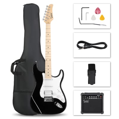 Glarry GST Stylish H-S-S Pickup Electric Guitar Kit with 20W AMP Bag Guitar Strap 2020s - Black image 1