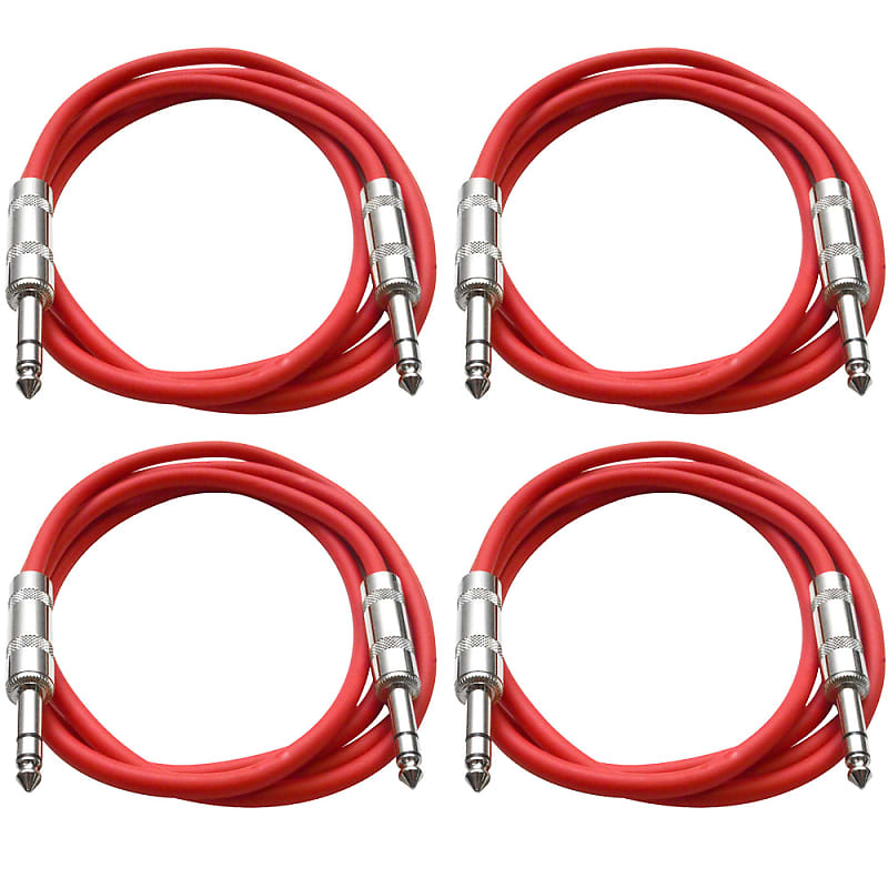 4 Pack of 1/4" TRS Patch Cables 2 Feet Extension Cords Jumper - Red & Red image 1