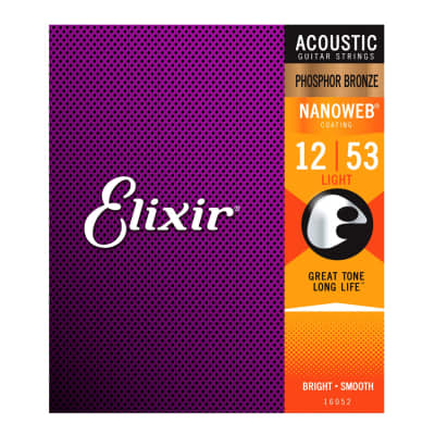 Elixir Nanoweb Phosphor Bronze Acoustic Guitar Strings 12-53 Light 16052 for sale