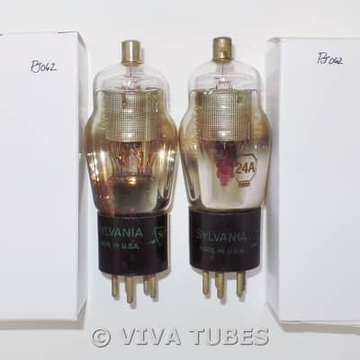 NOS Date Matched Pair Sylvania USA Type 24A Silver Mesh Plate Vacuum Tubes image 2