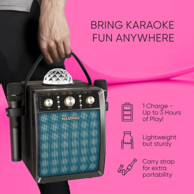 MASINGO 2023 Karaoke Machine for Adults & Kids with 2 UHF Wireless Microphones - Portable Singing PA Speaker System Set w/ Two Bluetooth Mics, Disco Ball Party Lights & TV Cable - Ostinato M7 Black image 7