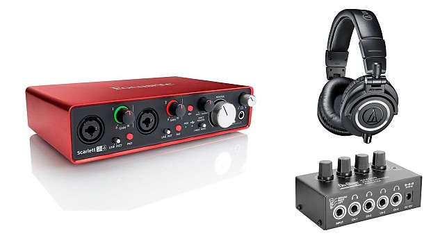 Focusrite Scarlett 2i4 2nd Gen w HA4000 Headphone Amp Audio Technica ATH M50x Headphones