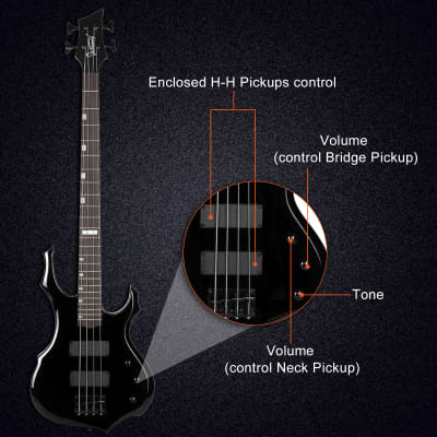 Glarry Full Size 4 String Burning Fire Enclosed H-H Pickup Electric Bass Guitar with 20W Amplifier Bag Strap Connector Wrench Tool 2020s - Black image 8