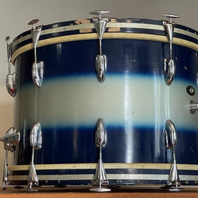 1950's Slingerland Blue & Silver Duco 14 x 22" Artist Bass Drum Original Calf Heads image 11