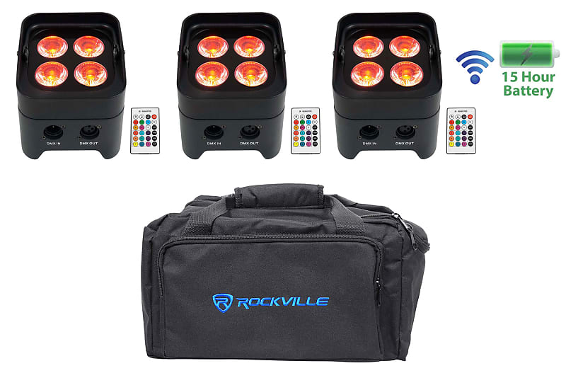 (3) Rockville BEST PAR 50 Rechargeable Par Wash Lights Reverb